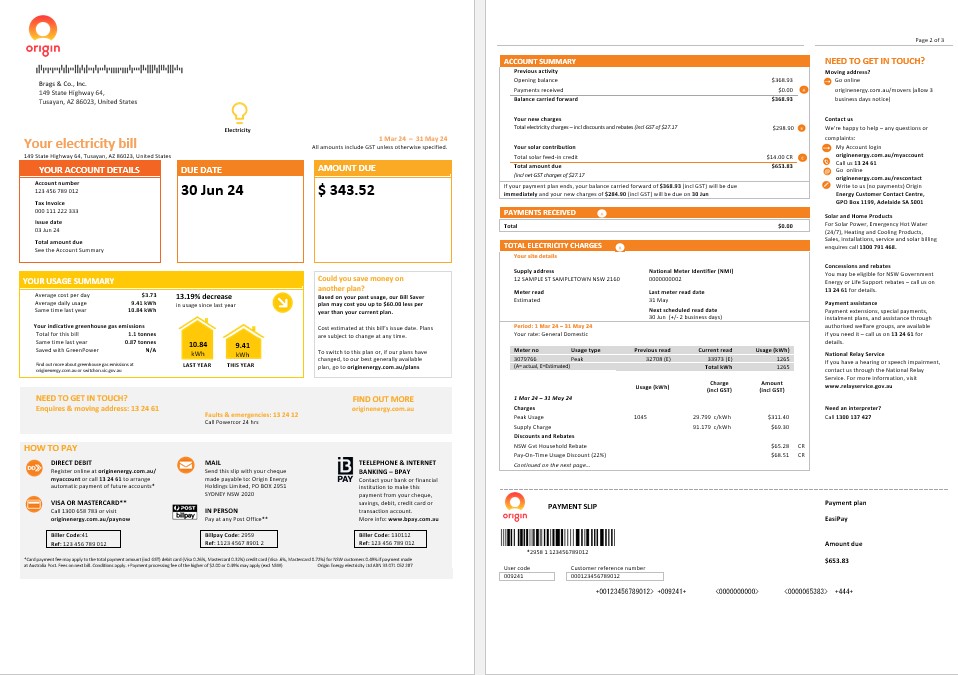 Australia New South Wales (NSW) Origin electricity business utility bill template in Word and PDF forma 1 2 pages PSD template